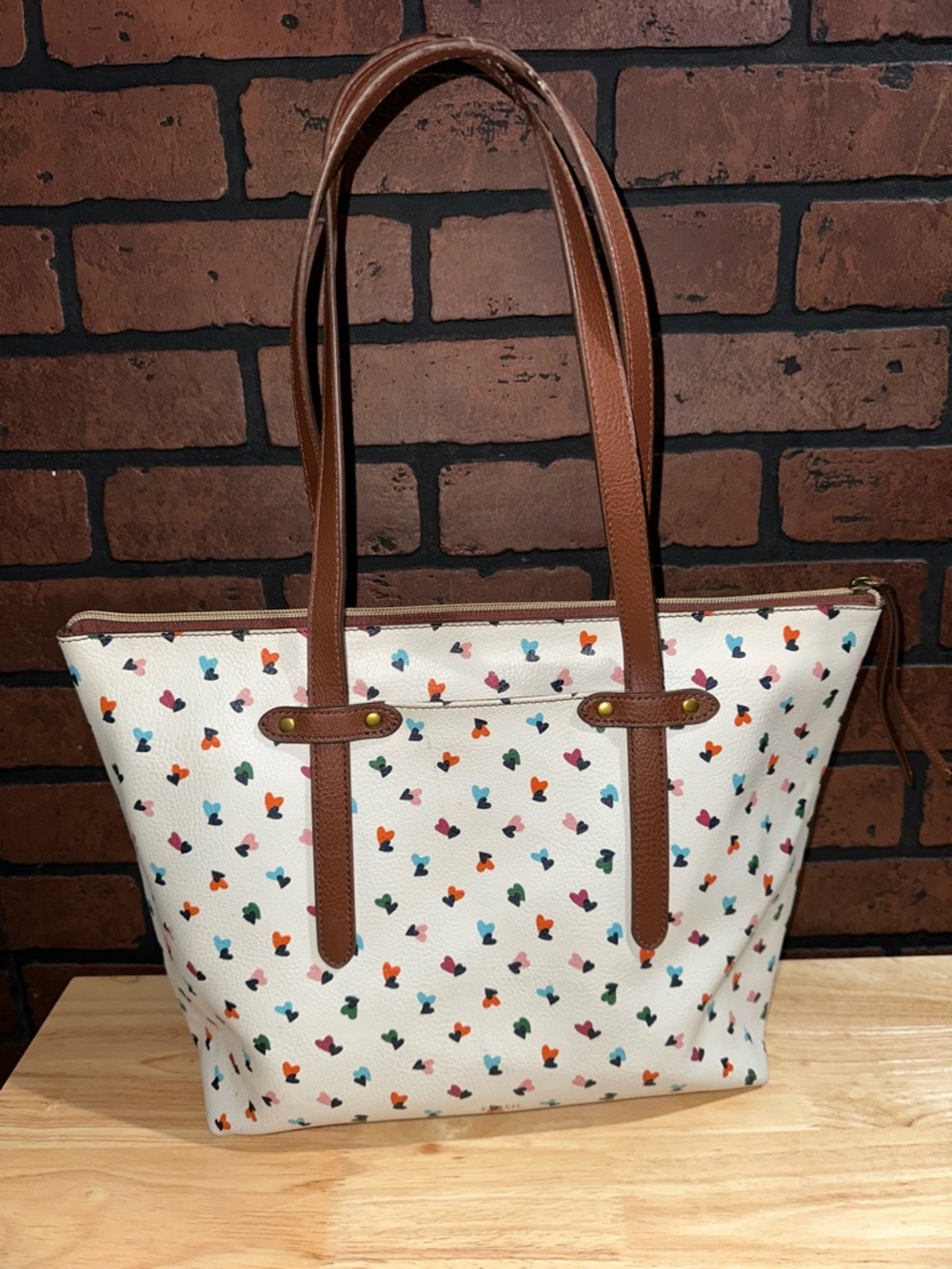 Fossil White Multicolor Heart Print Tote with Brown Straps
